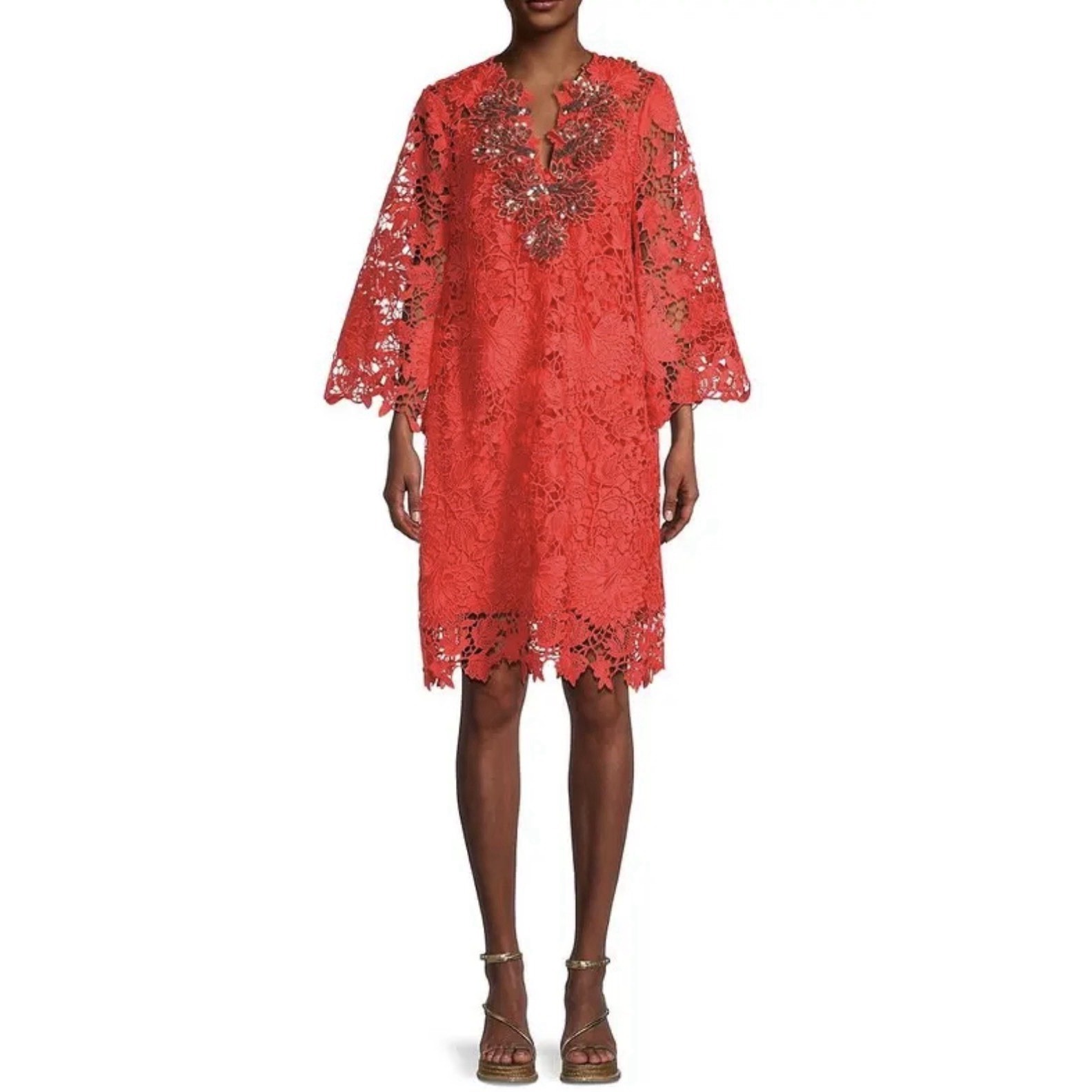 Ungaro Women's Orange Hannah Sequined Lace Shift Dress Floral Size Small $895